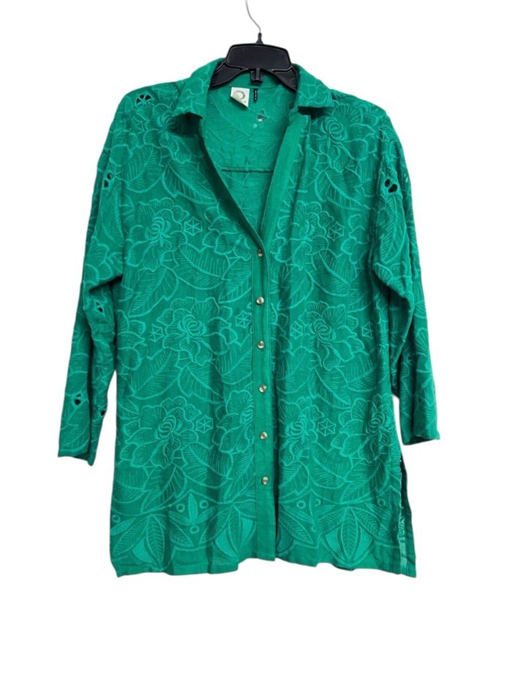 Akemi & Kin Anthropologie Green Cutout Embroidered Button Down Shirt